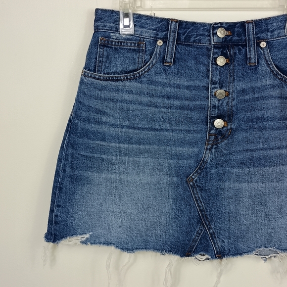 Madewell Womens Denim Miniskirt 30 Blue High Rise Raw Hem Distressed Button Fly - Picture 4 of 14